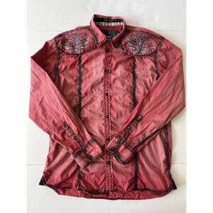 ROAR Signature Button Up Shirt Men XL Red Washed Embroidered Western Cowboy